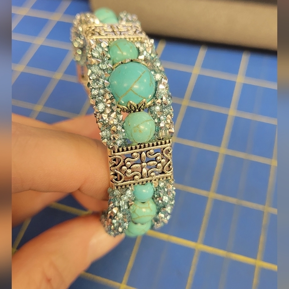Turquoise Rhinestone & Silver Tone Beaded Bracelet Feather